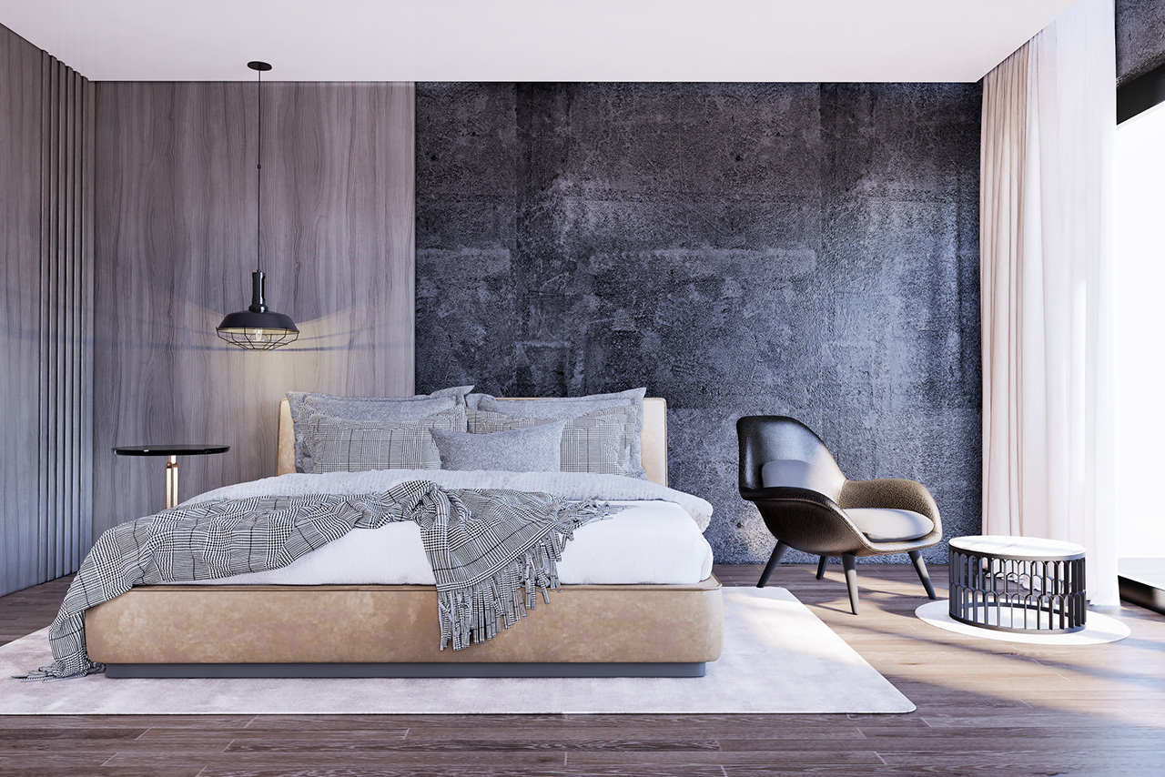 Image of a bedroom interior with black stone wall, ceiling side lamps and wooden floor