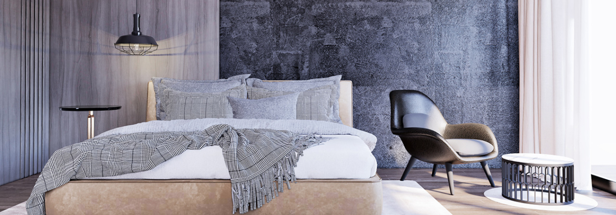 Image of a bedroom interior with black stone wall, ceiling side lamps and wooden floor