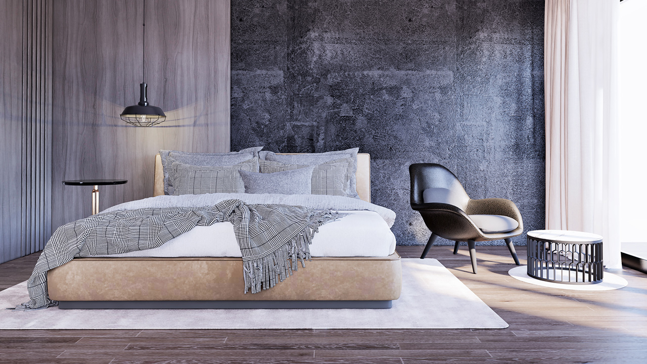 Image of a bedroom interior with black stone wall, ceiling side lamps and wooden floor