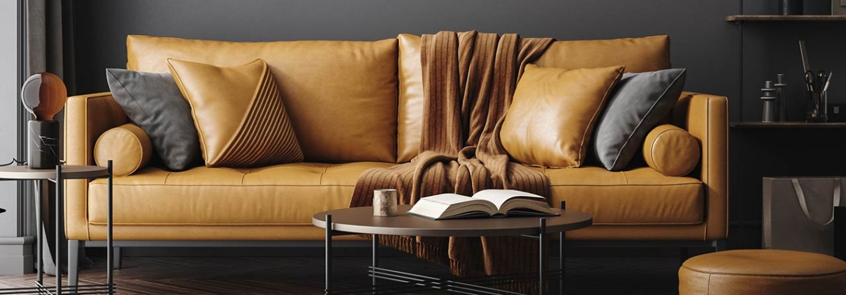 Black living room interior with leather sofa, minimalist industrial style