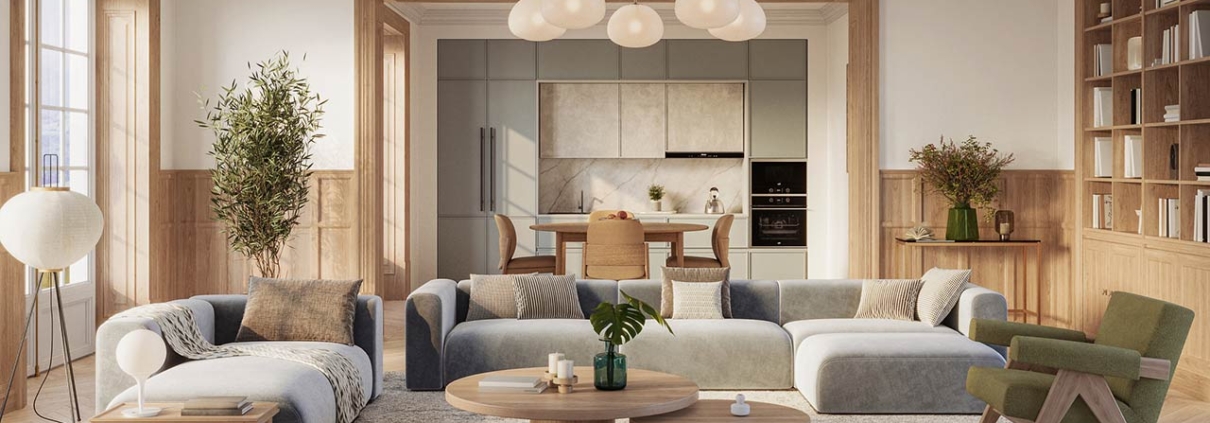 A stylish living room interior featuring modern designer furniture