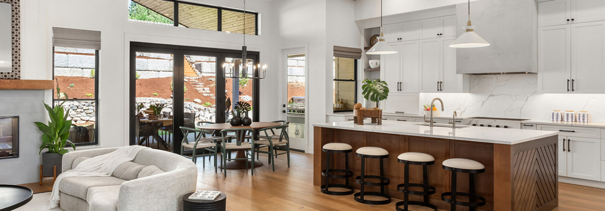 kitchen and living room in newly constructed luxury home
