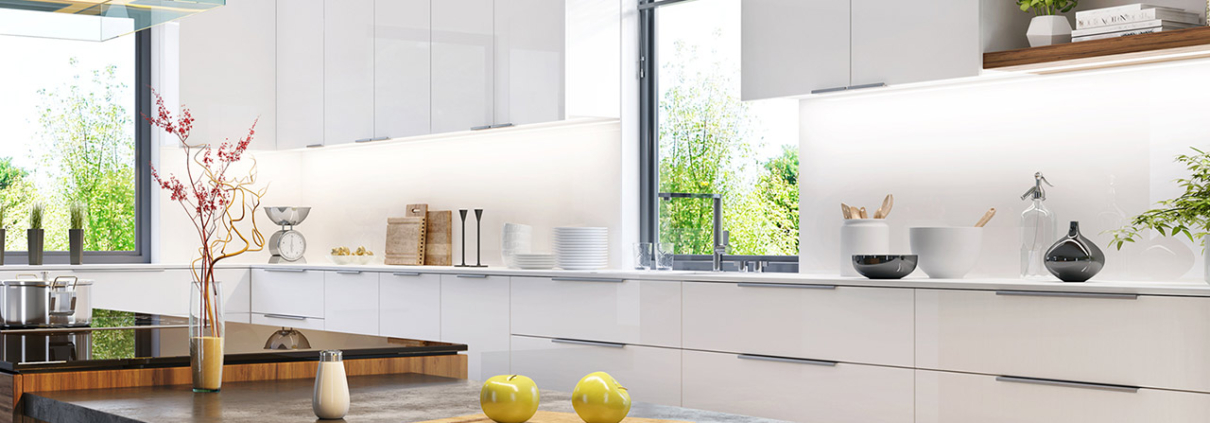 Luxurious interior of modern white kitchen stock photo